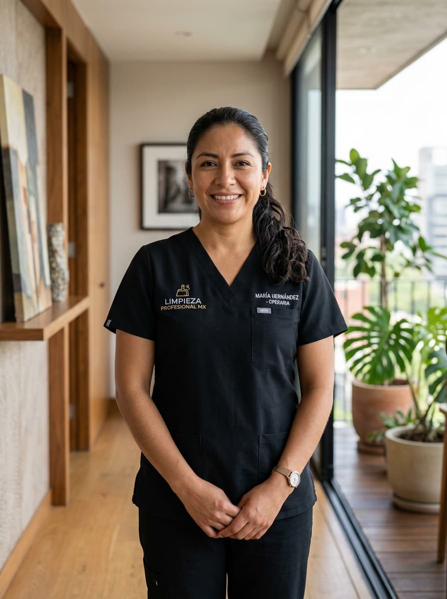 Retrato de operaria de limpieza profesional Marisol de Aquilimpio con uniforme negro para servicio doméstico en CDMX